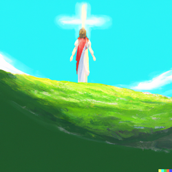 DALL·E 2022-08-05 20.02.33 - Jesus Christ on a bright green grassy hill with a deep blue sky i...png