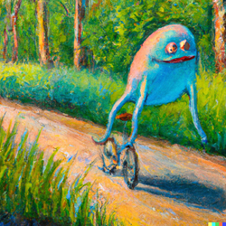 DALL·E 2022-08-05 18.29.57 - A blobfish with long, slender legs riding a bicycle on an idyllic...png