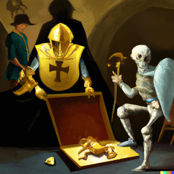 DALL·E 2022-08-05 16.55.05 - A knight in gold-plated armor discovers skeletal remains of a dem...png