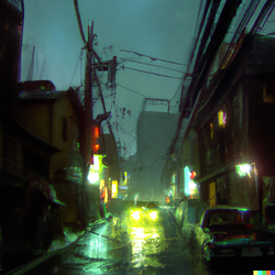 DALL·E 2022-08-06 13.50.31 - Tight Tokyo streets rainy night 1988 as a _Doom 2 1994_ level.png